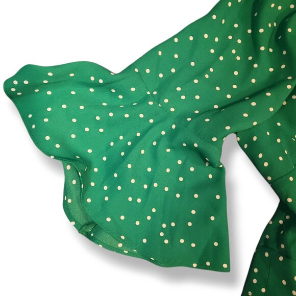 BB DAKOTA - Bright Green & White Polka Flared Sleeve Wrap Blouse Size Small - Picture 4 of 9
